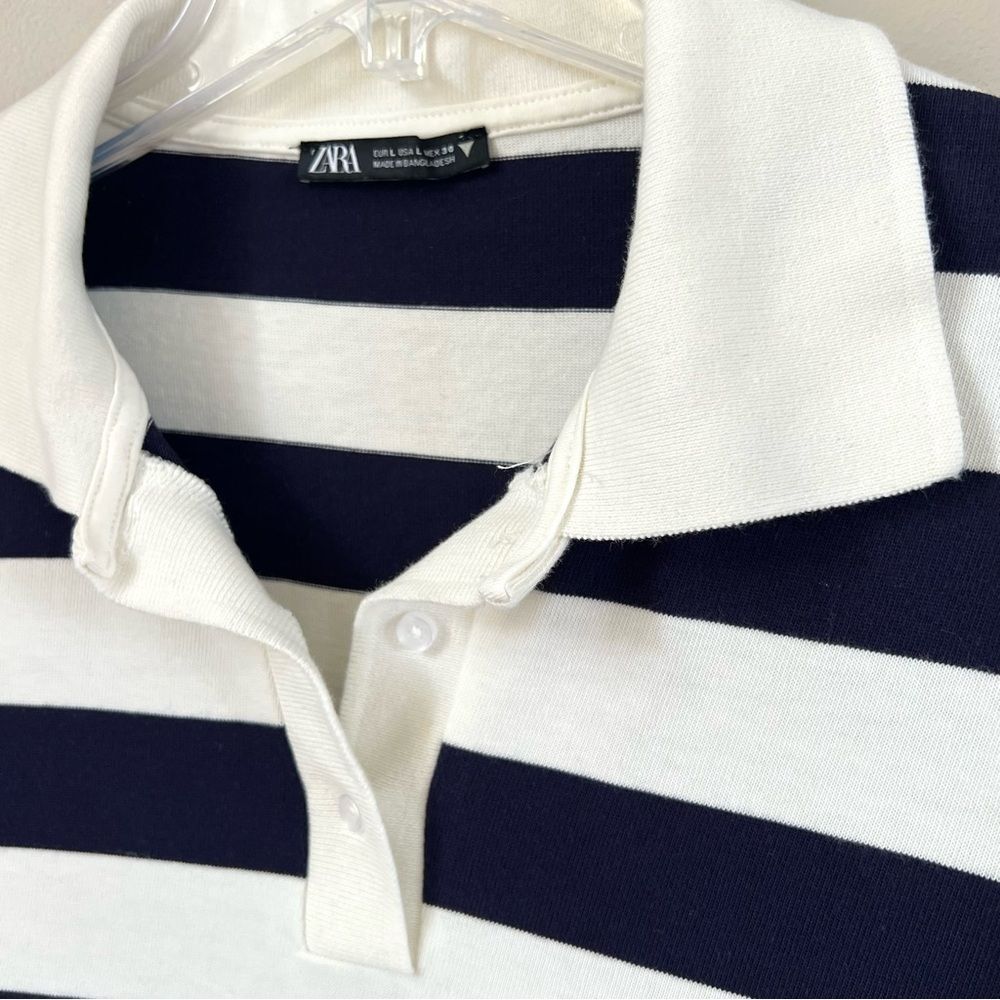 Zara Navy White Striped Long-Sleeve Cotton Rugby Preppy Polo Shirt Top SZ L - Picture 2 of 11